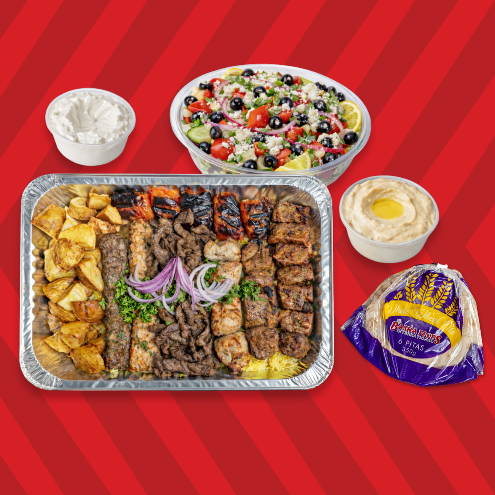 Middle Eastern Family Meal Meal with Garlic Sauce, Hummus, Salad & Basha Pita Bread